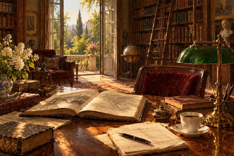 Живописная иллюстрация читального кабинета с открытой книгой
